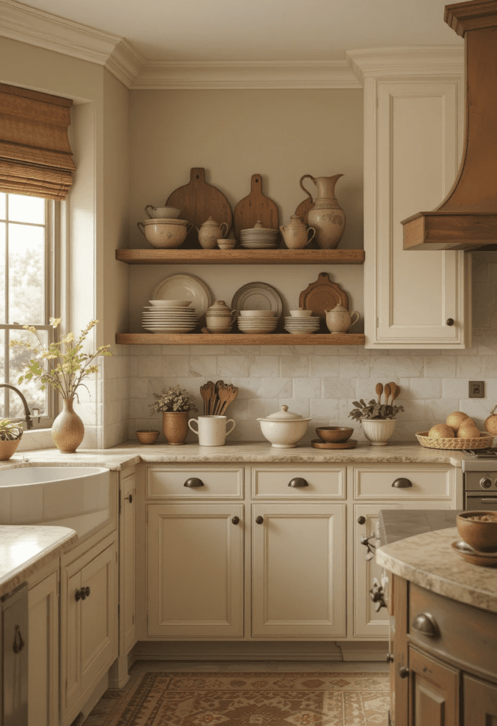 Cozy kitchen featuring warm muted colors like beige, sage green, and terracotta for a welcoming atmosphere.