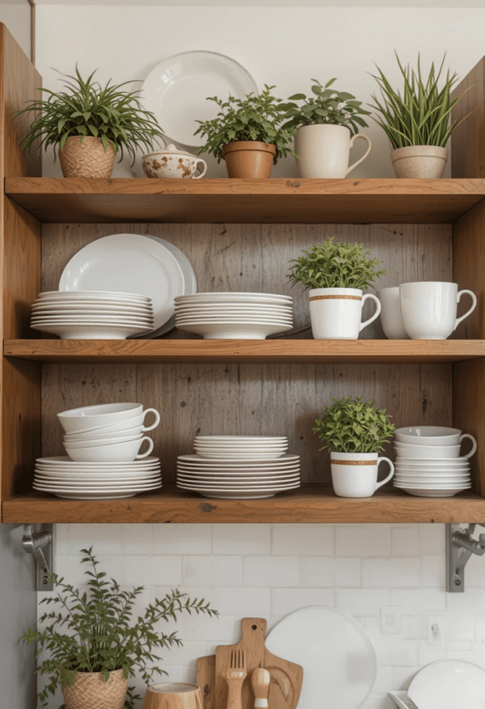 Cozy kitchen with open wooden shelves displaying dishes, mugs, and decor for a homey touch.