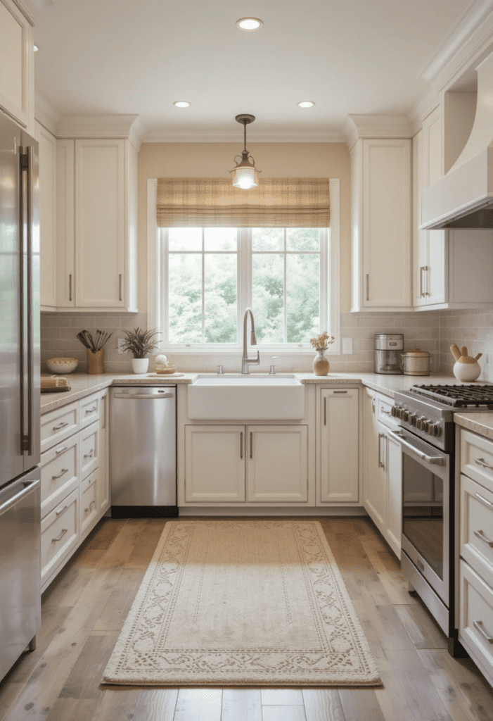 Cozy kitchen with a neutral runner rug adding warmth and defining the space.