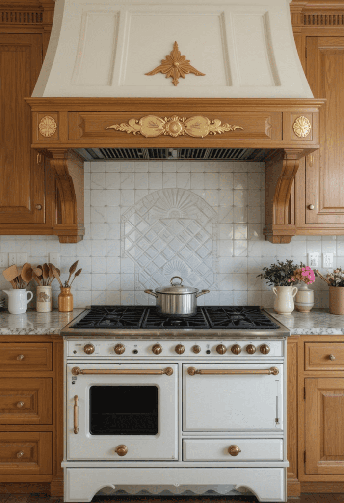 Cozy kitchen with a vintage-style stove as a statement piece, creating a warm and inviting cooking space.