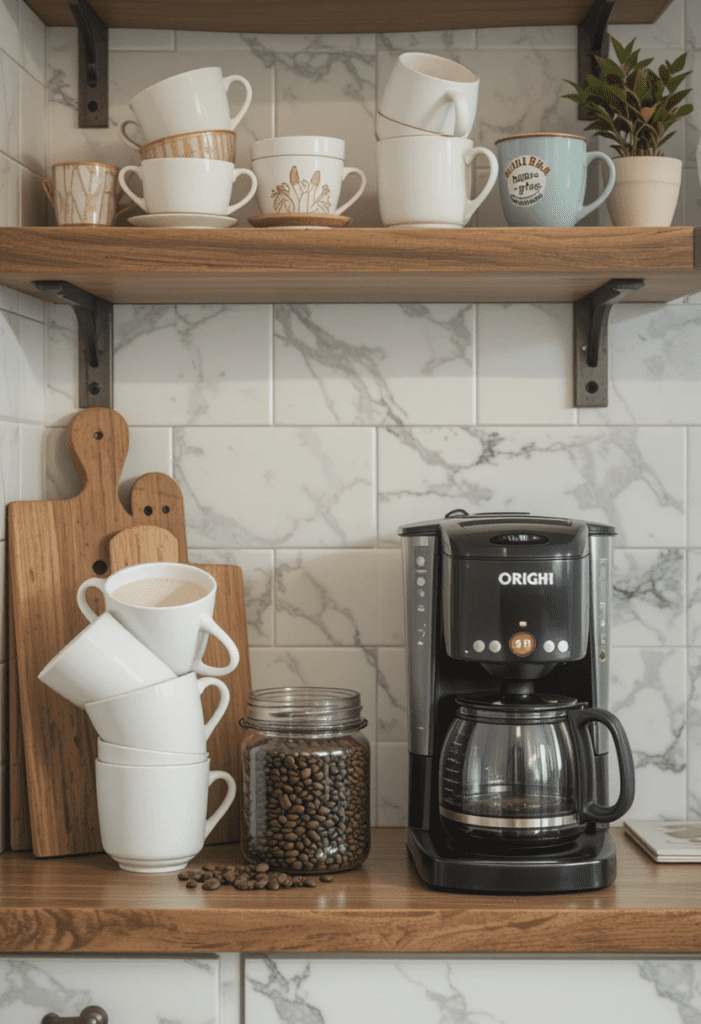 Cozy kitchen coffee station with a coffee maker, mugs, and storage for a warm, inviting feel.