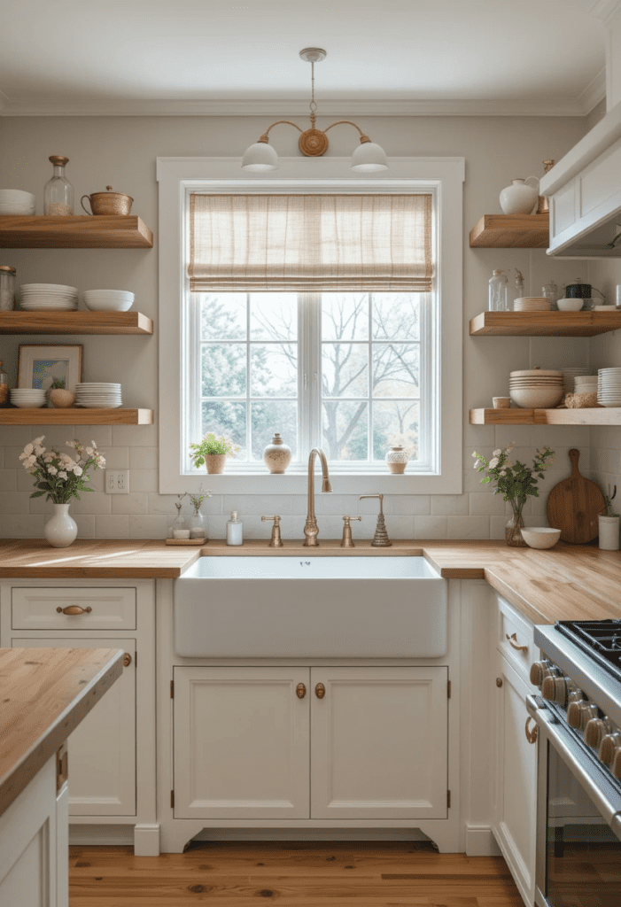 Cozy kitchen with a white farmhouse sink, brass faucet, and rustic wood countertops.