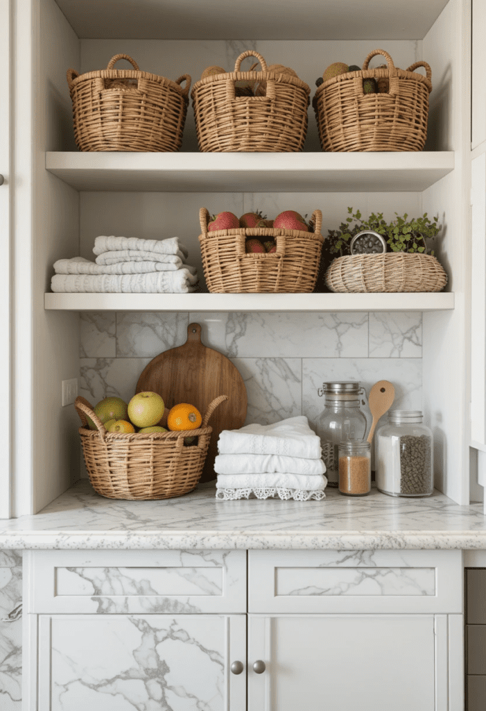 Cozy kitchen with woven storage baskets for an organized and rustic feel.