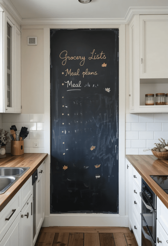 Cozy kitchen with a chalkboard wall displaying handwritten notes and meal plans.