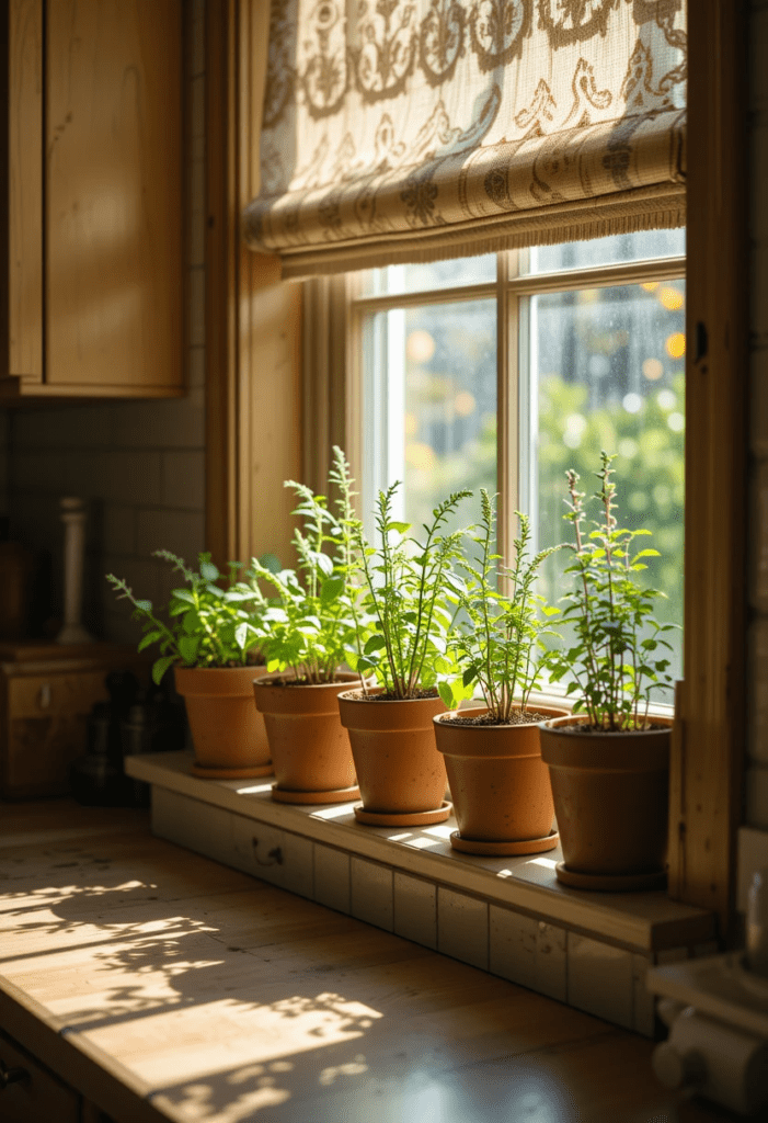 Cozy kitchen with a small herb garden featuring fresh basil, rosemary, and thyme.