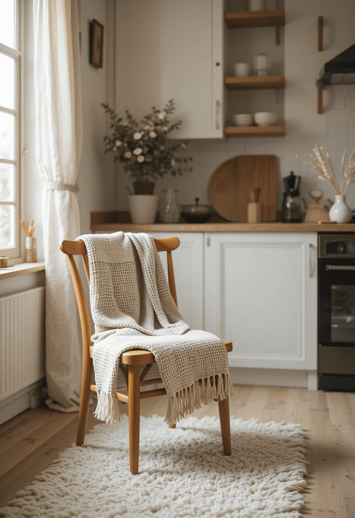 Cozy kitchen with warm, textured fabrics like woven throws, linen curtains, and a plush rug.