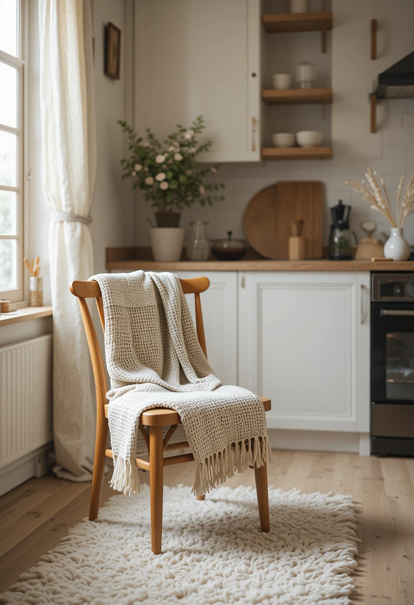 Cozy kitchen with warm, textured fabrics like woven throws, linen curtains, and a plush rug.