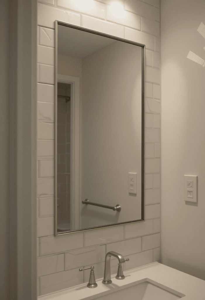 DIY bathroom mirror with peel-and-stick subway tiles for a stylish and affordable frame.