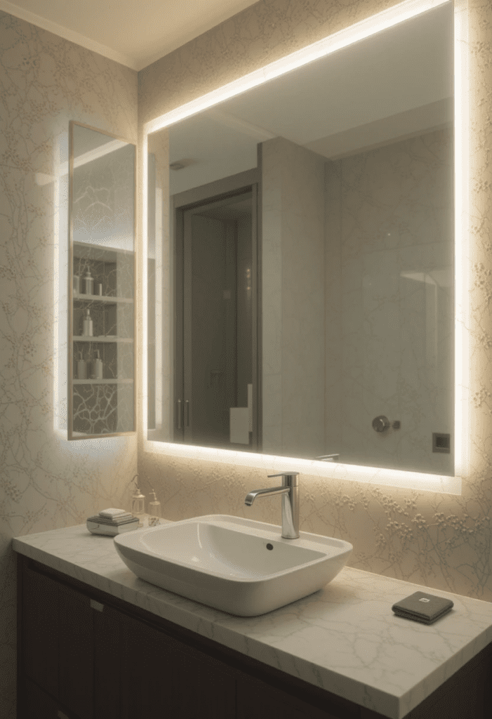 DIY bathroom mirror with LED backlighting for a modern and spa-like ambiance.