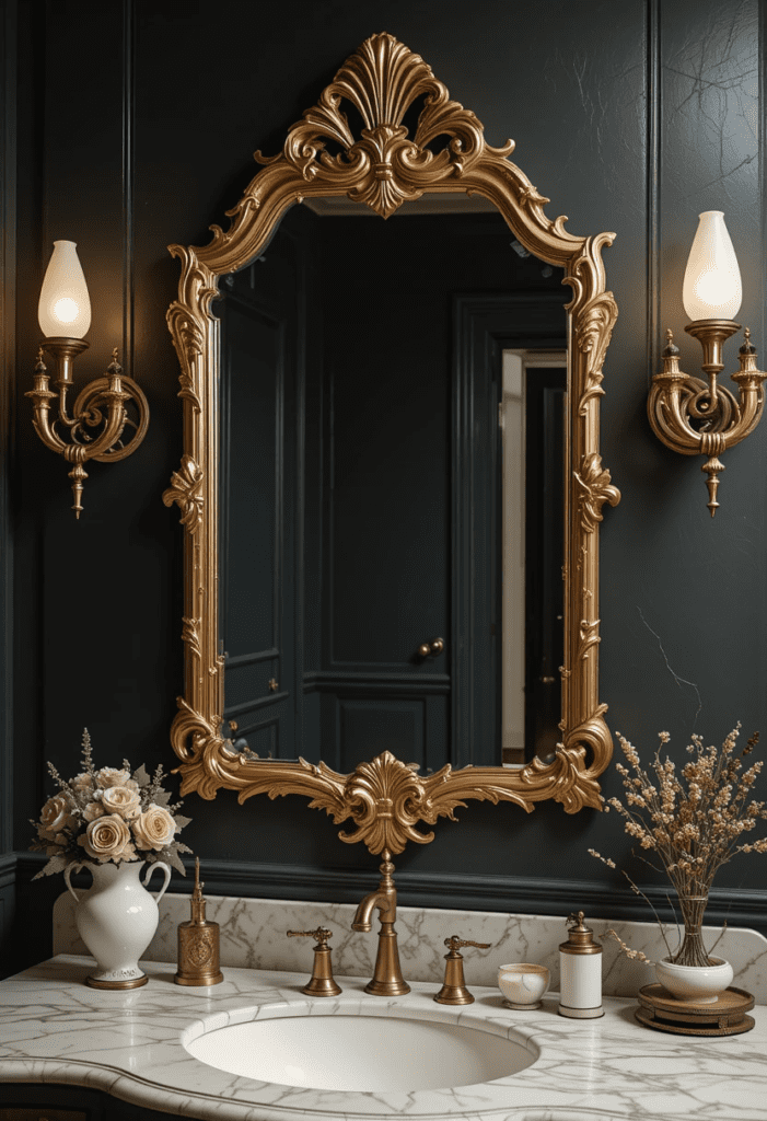 DIY bathroom mirror with gold leaf edges for a luxurious, vintage-inspired look.