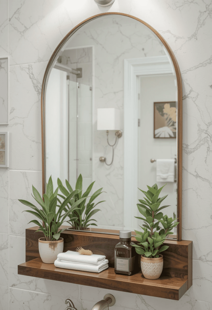 DIY bathroom mirror with a floating wood shelf for added storage and decor.