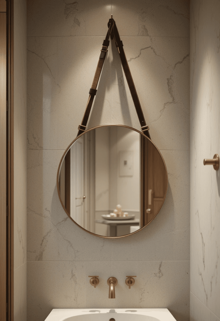 DIY round bathroom mirror with a leather strap for a modern and stylish upgrade.