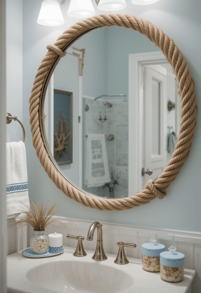 DIY bathroom mirror with a rope frame for a nautical, coastal-inspired touch.