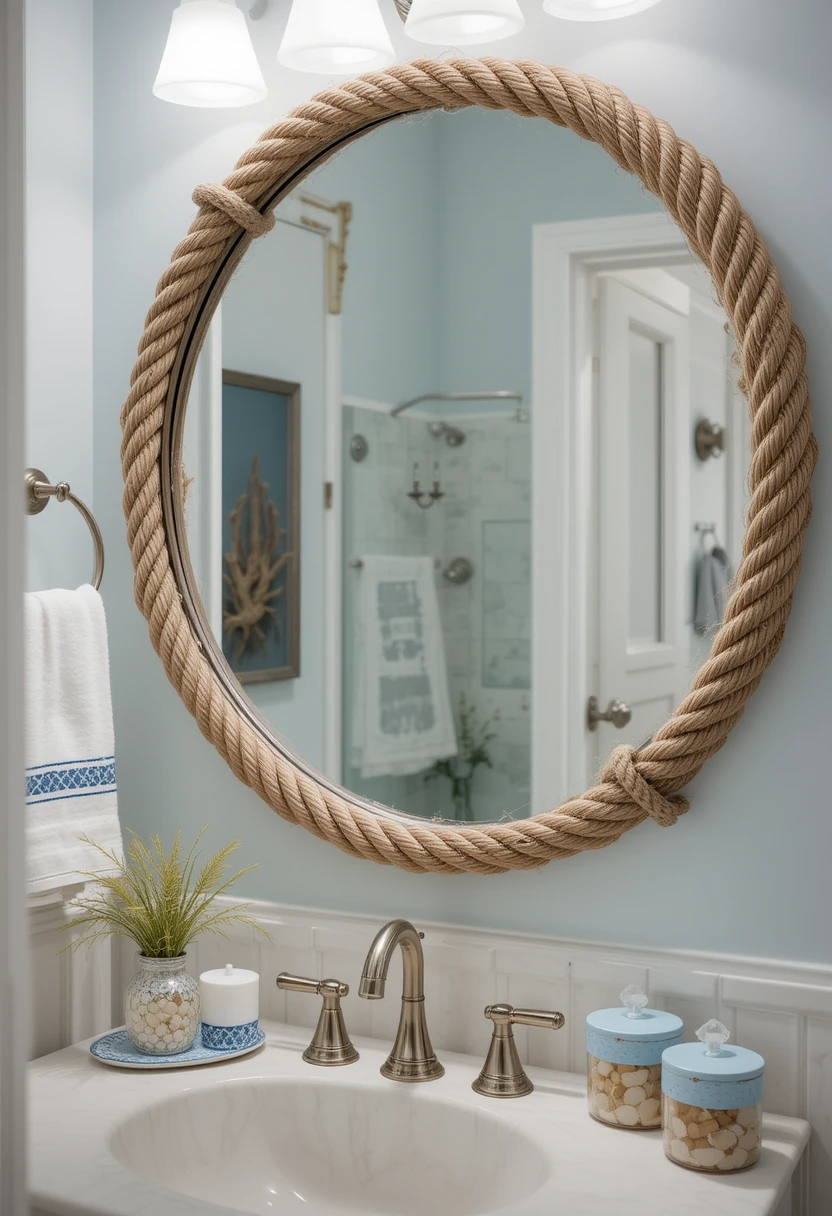 DIY bathroom mirror with a rope frame for a nautical, coastal-inspired touch.