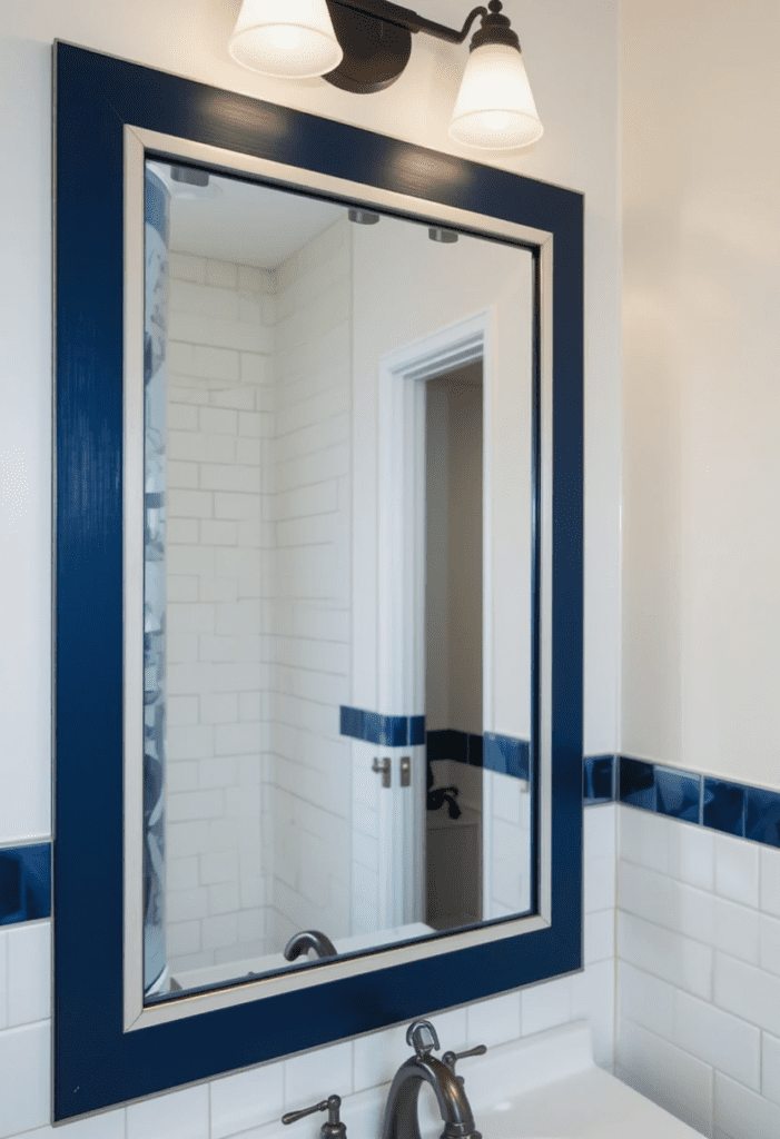 DIY bathroom mirror with a bold painted border for a colorful and modern touch.