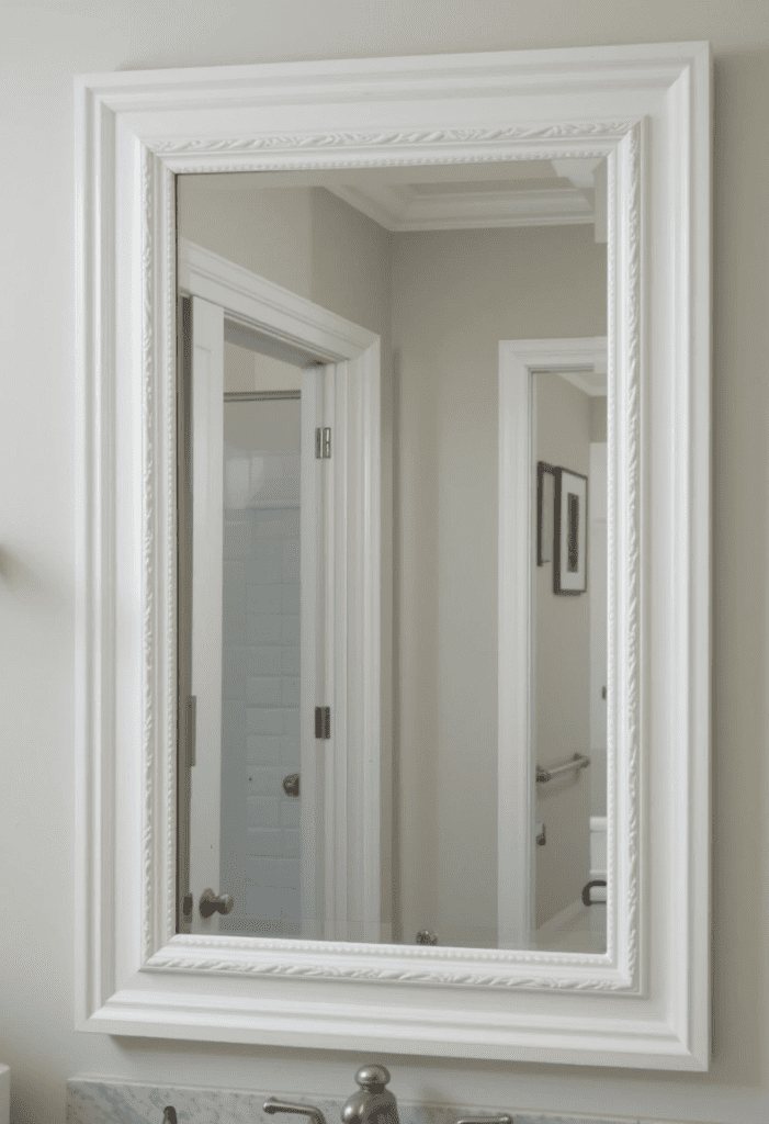 DIY bathroom mirror with decorative molding for an elegant and luxurious look.