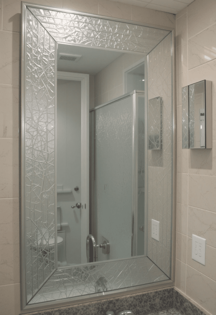 DIY bathroom mirror with frosted glass designs for a sophisticated, customized look.