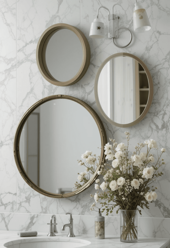 DIY bathroom mirror design with layered mirrors for a unique and eye-catching effect.