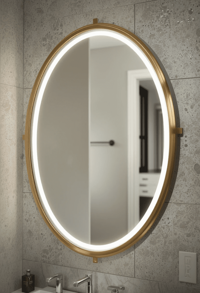 DIY bathroom mirror with brass metallic trim for a sleek and contemporary look.