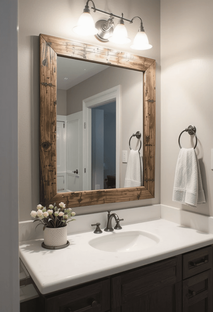 DIY bathroom mirror with a reclaimed barnwood frame for a cozy, farmhouse look.