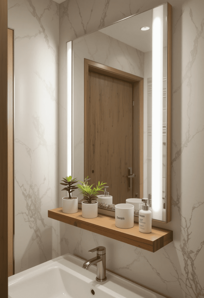 A bathroom mirror with a floating wooden ledge beneath it, holding a small potted plant, a candle, and neatly arranged toiletries, adding both style and functionality to the space.