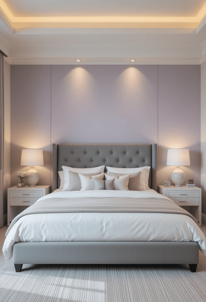 A bedroom with a soft lavender accent wall, gray upholstered bed, and neutral decor for a serene and elegant atmosphere.