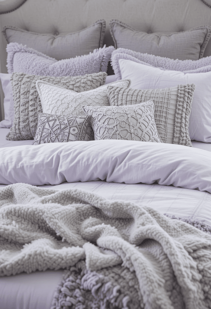 A bed with lavender bedding and gray pillows, creating a balanced and cozy bedroom look.