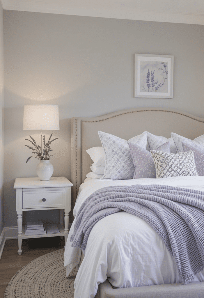 A bedroom with gray walls and lavender accessories, adding a soft pop of color while maintaining a neutral base.