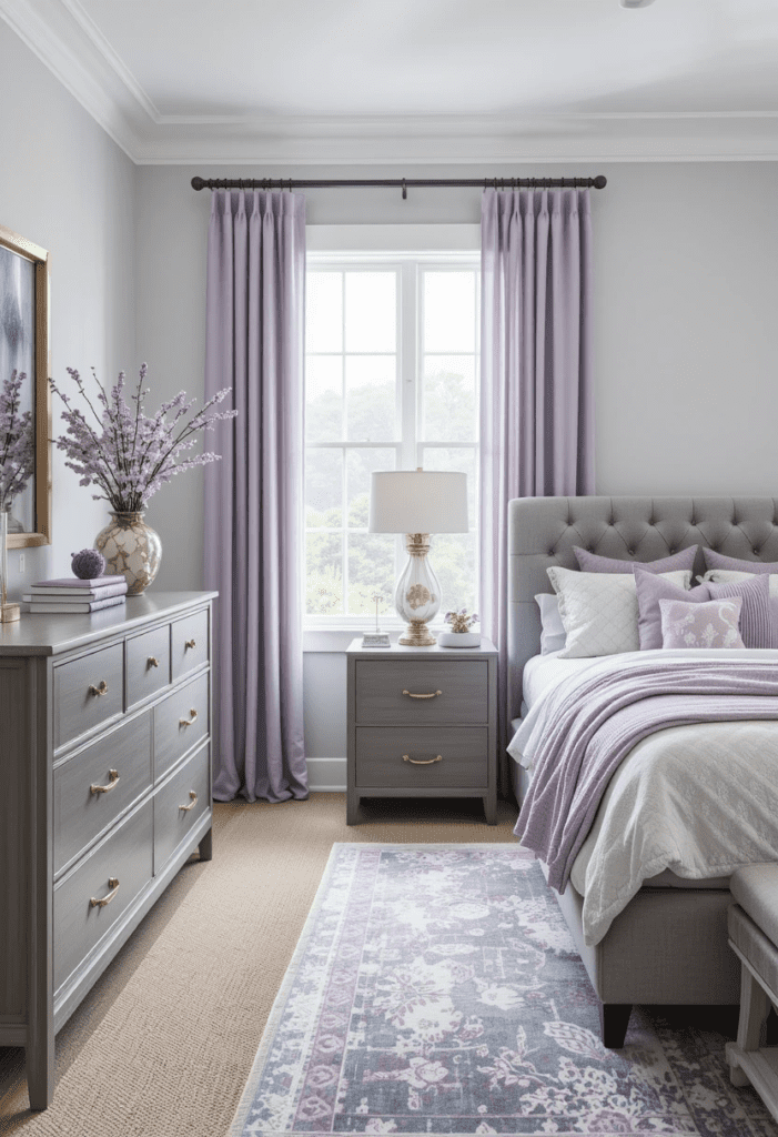 A bedroom with stylish gray furniture, accented with lavender curtains and decor for a modern, inviting look.