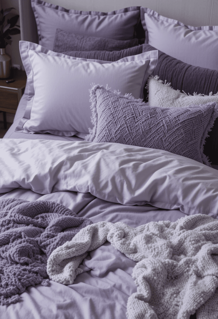 A bedroom with layered lavender and gray bedding, creating a soft and relaxing atmosphere.