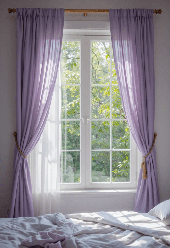 A bedroom with soft lavender curtains, bringing warmth and elegance to the space.