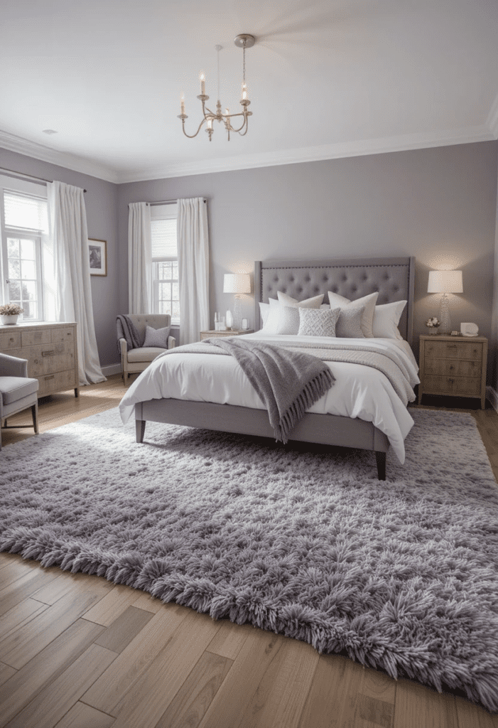 A gray and lavender area rug in a bedroom, enhancing the room’s cozy and stylish feel.