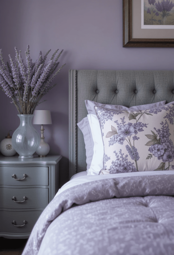 A bedroom with lavender accent decor, adding a soft and elegant touch to the neutral design.