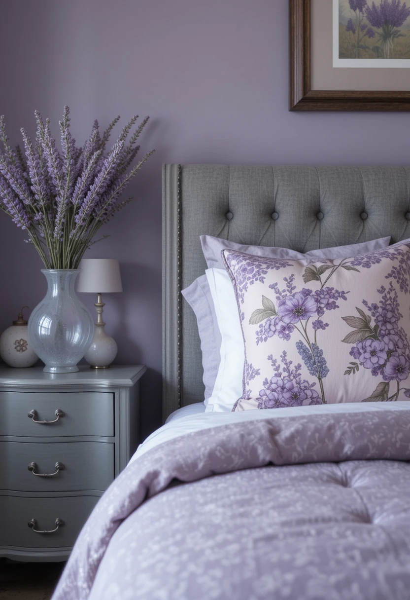 A bedroom with lavender accent decor, adding a soft and elegant touch to the neutral design.