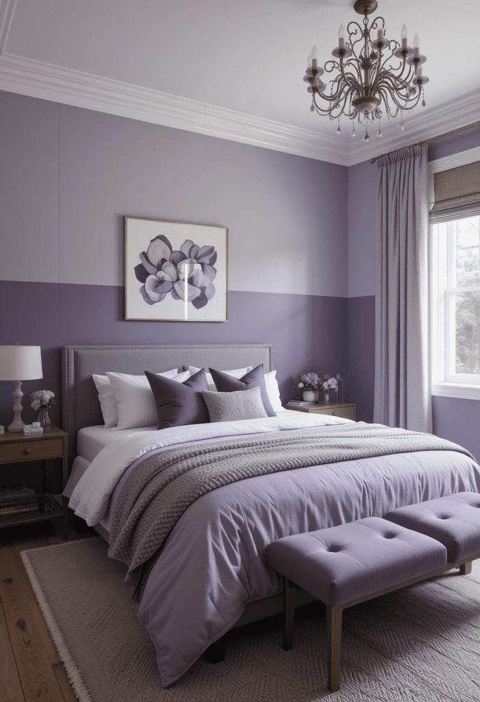 A bedroom with a modern lavender and gray color block design, adding a stylish and unique look.