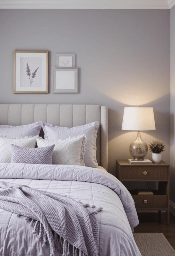 A bedroom with gray walls and lavender bedding, featuring personalized decor elements for a warm and inviting feel.