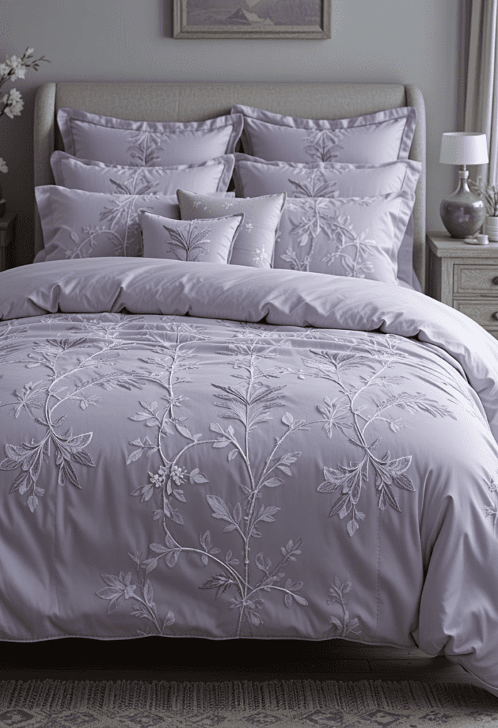 A bedroom featuring a lavender and gray bedding set