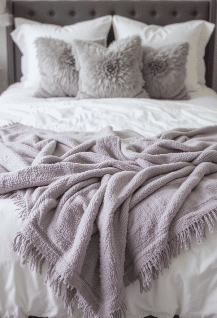 A bed with lavender and gray throw blankets and cushions, adding warmth and texture.