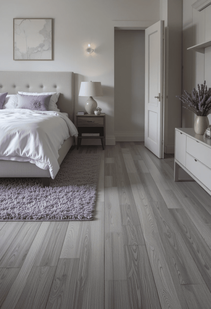 A bedroom with gray hardwood flooring and lavender accents, blending modern elegance with warmth.