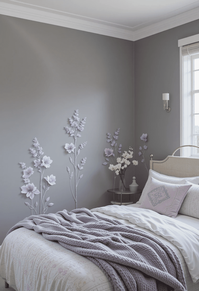 A bedroom with lavender wall decals, bringing subtle elegance and texture to gray walls.