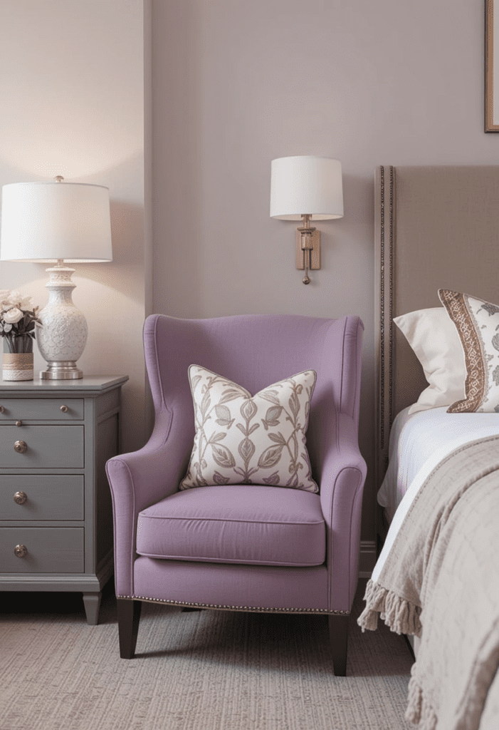 A bedroom featuring a lavender accent chair and a gray nightstand, with soft lighting and decorative pillows tying the colors together.