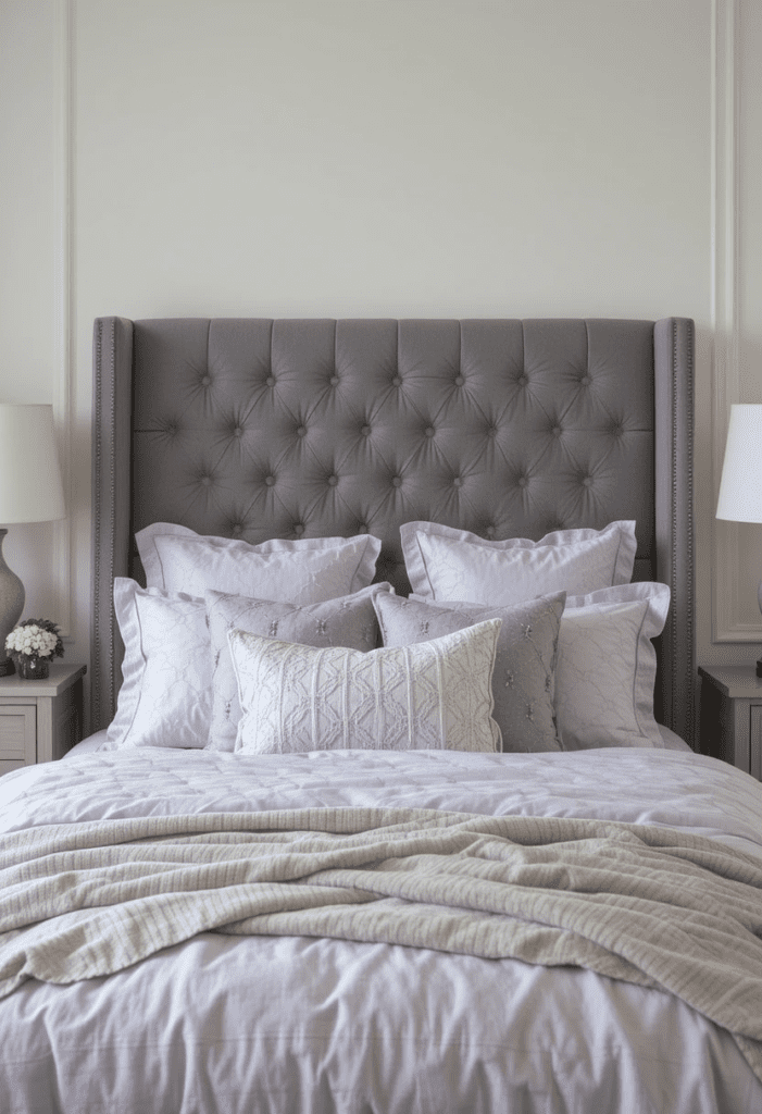 A bedroom with a gray upholstered headboard and lavender bedding, balancing sophistication and comfort.