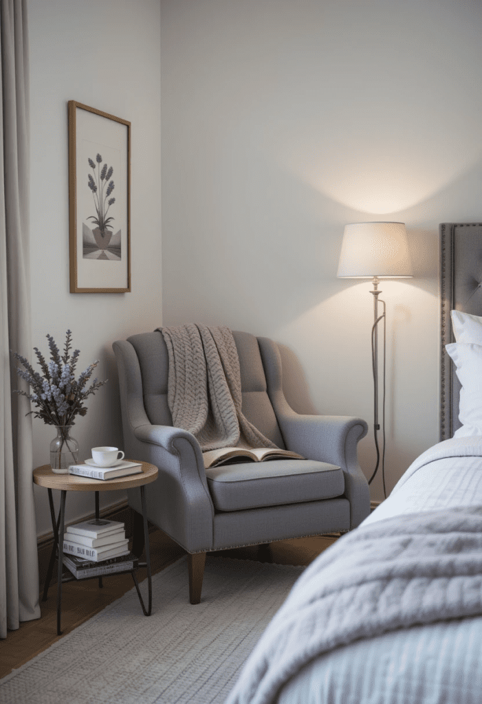 A bedroom reading nook with a gray lounge chair and lavender accents, offering a cozy retreat.