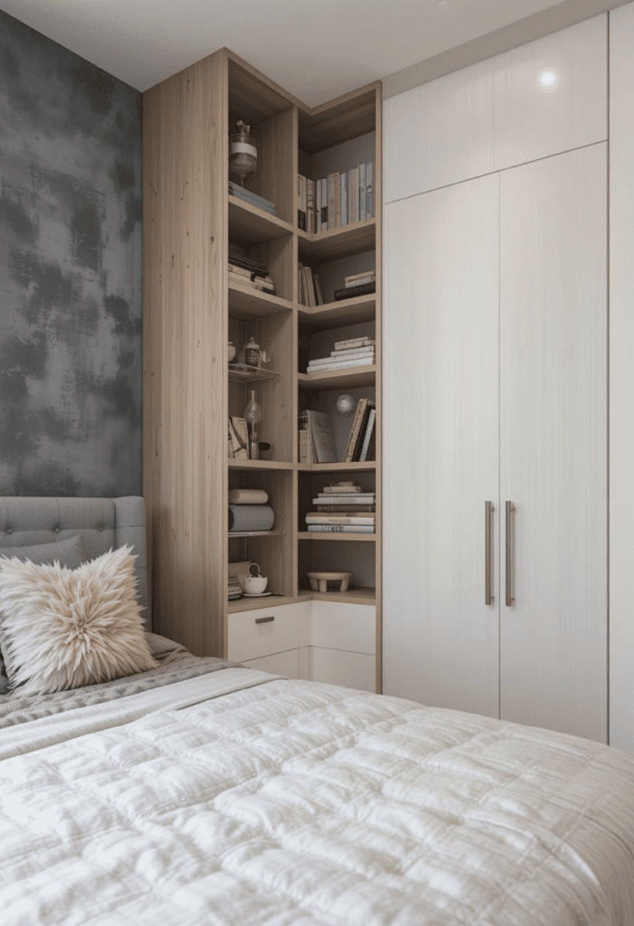 A small bedroom with tall built-in shelves and wall-mounted storage, using vertical space efficiently while keeping the floor area clear.