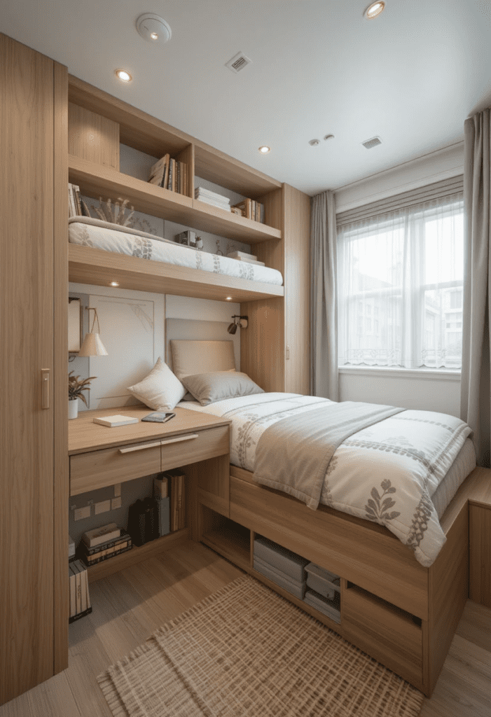 A small bedroom featuring a bed with built-in storage, a fold-out desk, and a multi-functional bench to maximize space.