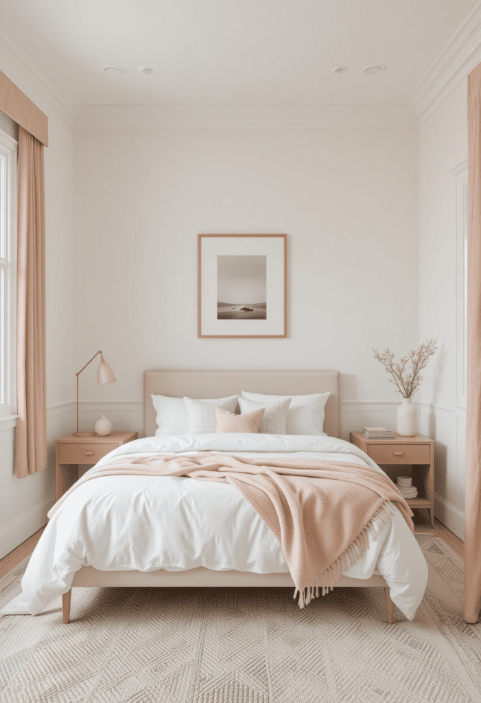  A small bedroom with a light color scheme, featuring white walls and pastel accents to create an open and spacious feel.