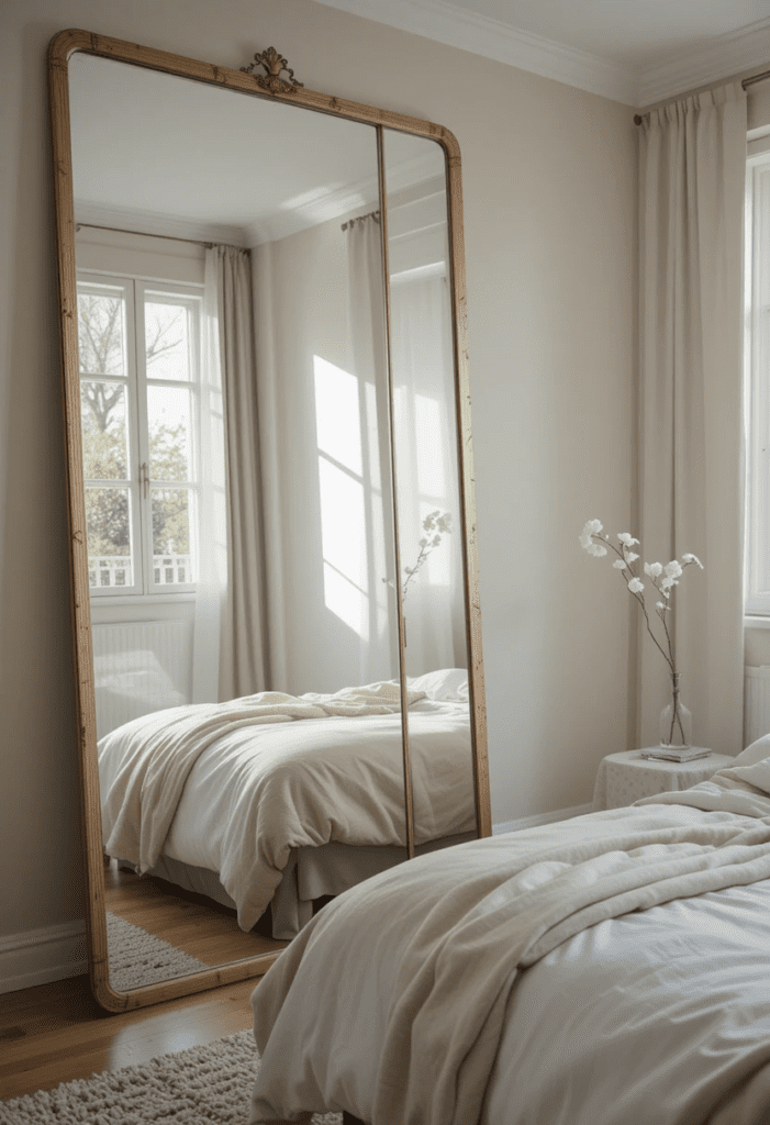 A small bedroom with a large mirror reflecting natural light, making the room appear bigger and brighter.