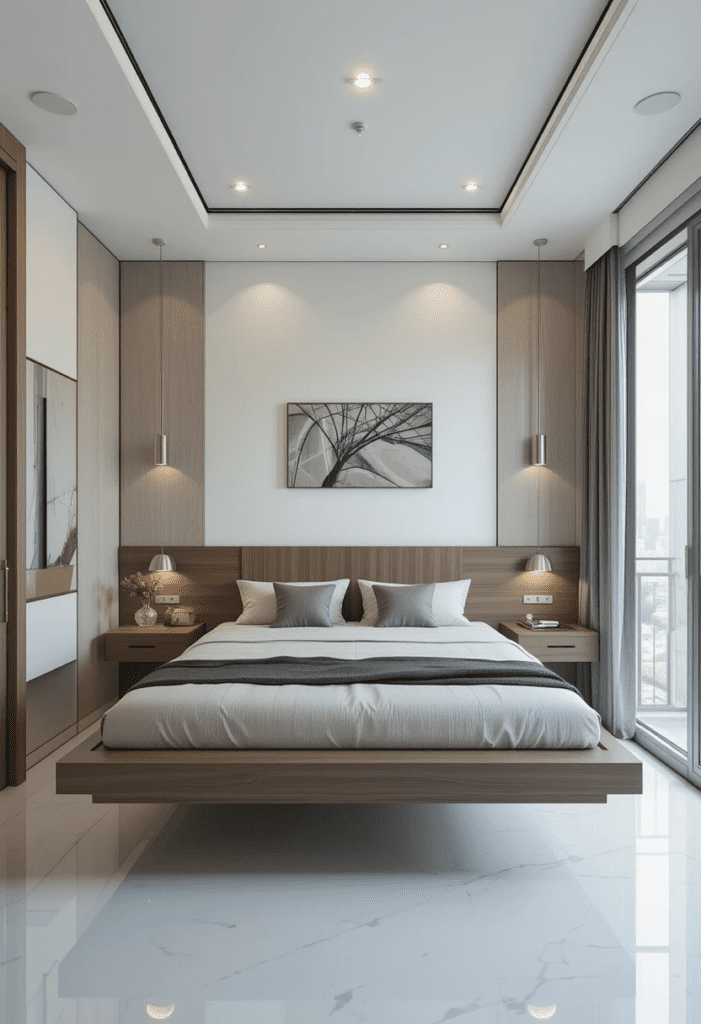 A small bedroom with floating furniture, including a bed, nightstands, and desk, creating an uncluttered and airy space.