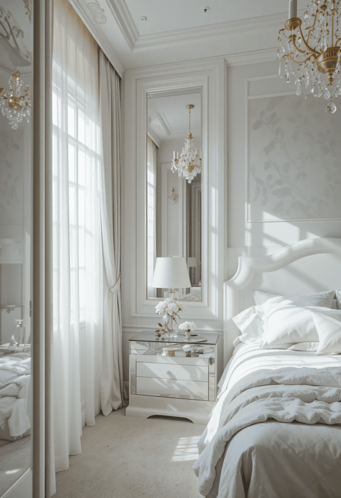 A small bedroom featuring glossy white furniture and glass elements that reflect light to make the room feel larger.