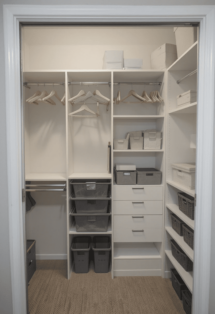 A small bedroom closet with built-in shelves and hanging organizers, efficiently using space while keeping things tidy.